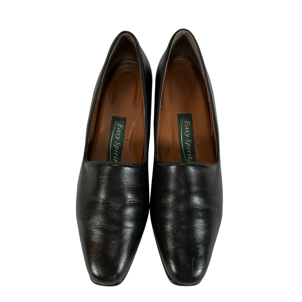 Easy Spirit Port Black Leather Low Block Heel Square Toe Dress Shoes Womens 7 2A